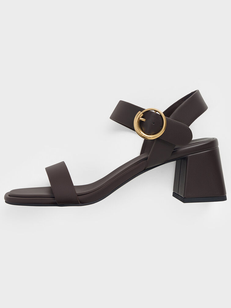Buckled Square-Toe Trapeze-Heel Sandals, Dark Brown, hi-res