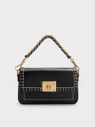 Circe Stitch-Trim Top Handle Bag, Black, hi-res