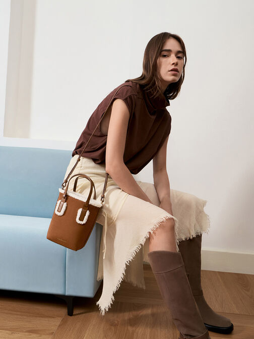 Noelle Faux Suede Fur-Trim Elongated Tote, Brown, hi-res