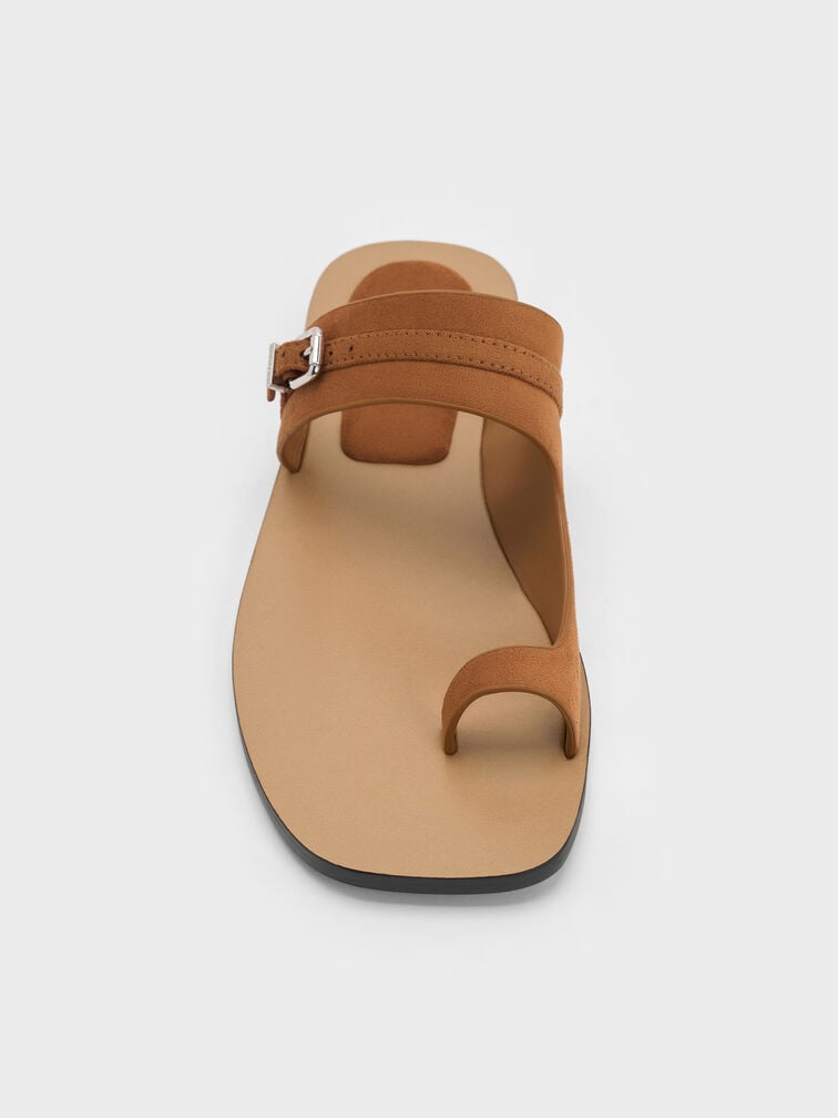 Faux Suede Buckled Toe-Ring Sandals, Cognac, hi-res