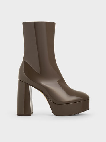 Patent Platform Side-Zip Ankle Boots, Brown, hi-res