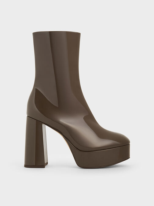 Patent Platform Side-Zip Ankle Boots, Brown, hi-res