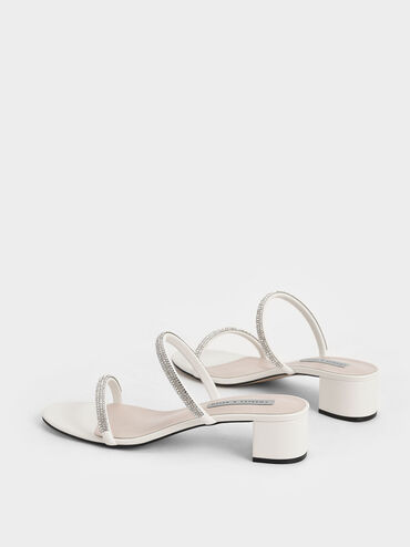 Gem-Encrusted Strappy Heeled Mules, Cream, hi-res