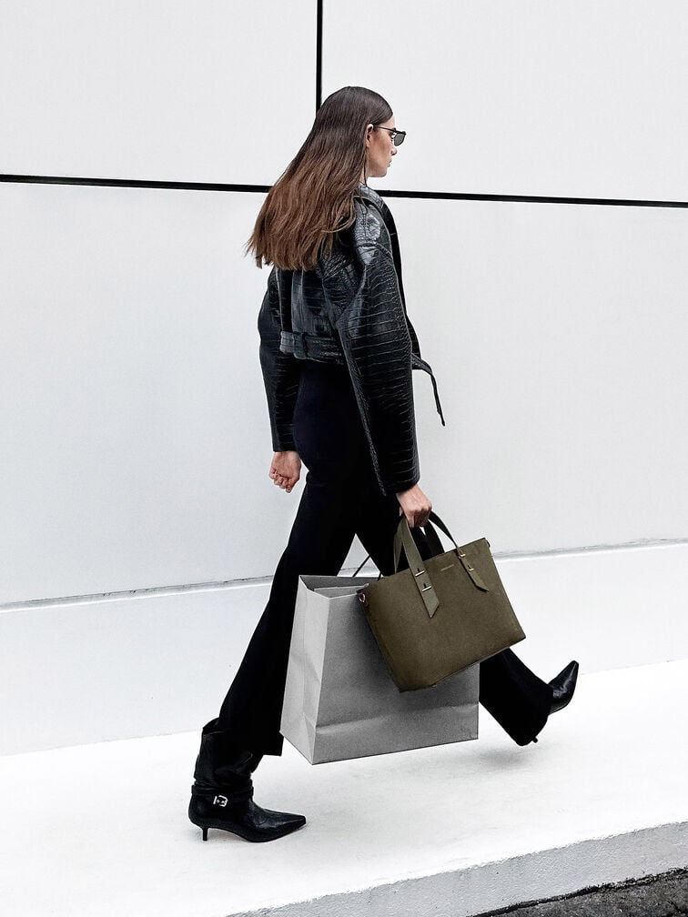 Shania Recycled Suede Tote Bag, Deep Olive, hi-res