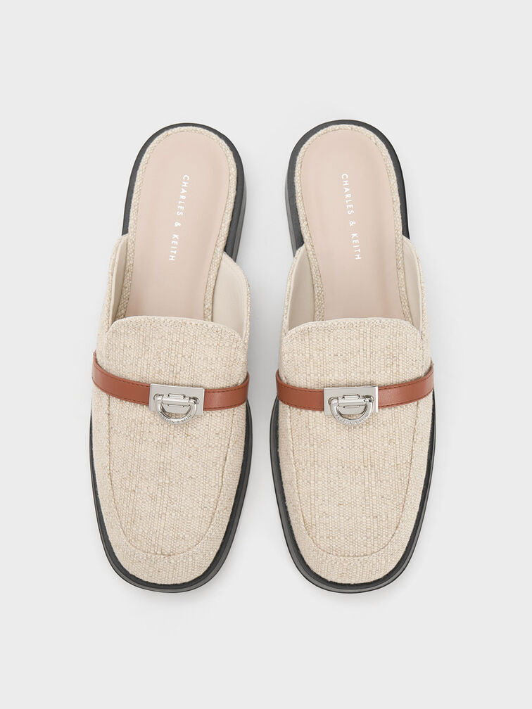 Metallic Accent Linen Loafer Mules, Beige, hi-res