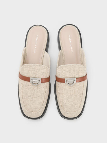 Metallic Accent Linen Loafer Mules, Beige, hi-res