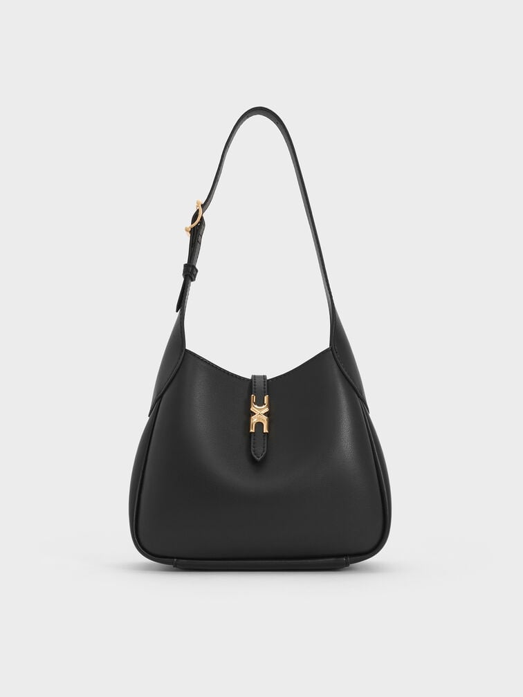 Mini Adalyn Metallic-Buckle Belted Hobo Bag, Black, hi-res