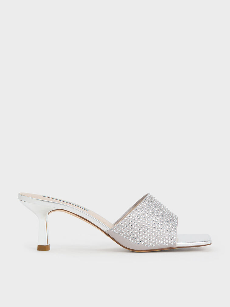 Satin Crystal-Embellished Heeled Mules, Silver, hi-res
