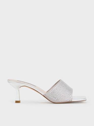 Satin Crystal-Embellished Heeled Mules, Silver, hi-res