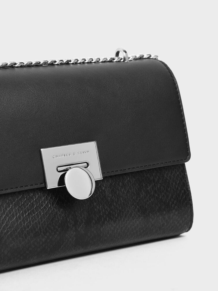 Snake Print Chain Strap Clutch, Black, hi-res