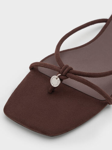 Faux Suede Metallic-Charm Strappy Thong Sandals, Dark Brown Textured, hi-res
