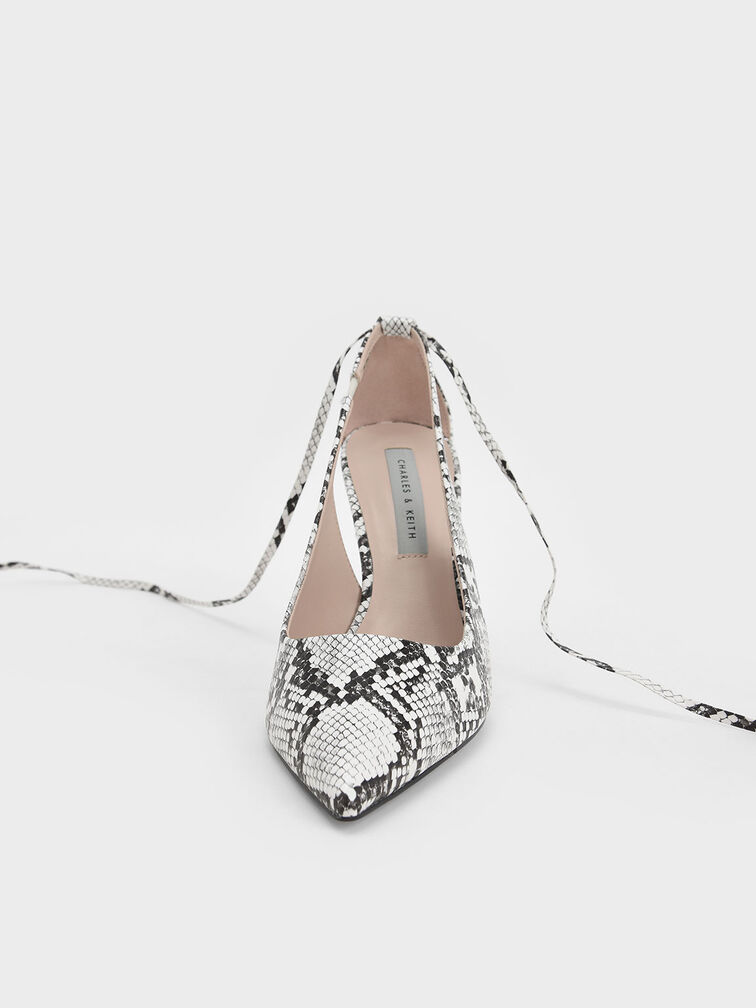 Snake-Print Lace-Up Stiletto Pumps, Animal Print White, hi-res