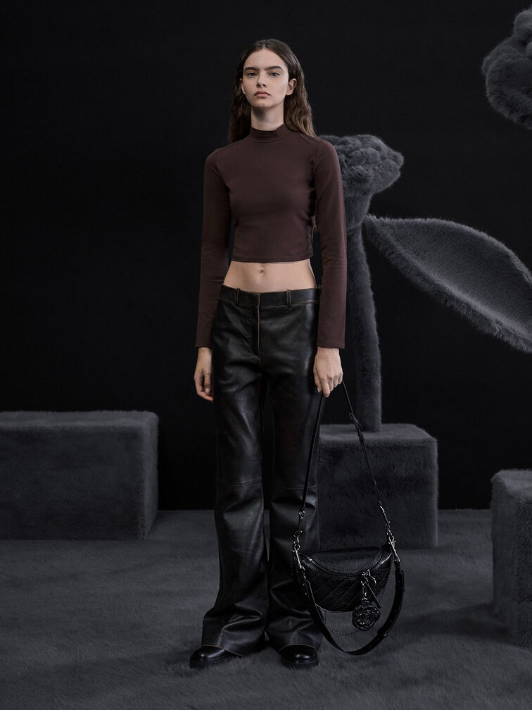 Philomena Rose-Motif Half-Moon Crossbody Bag, Noir, hi-res