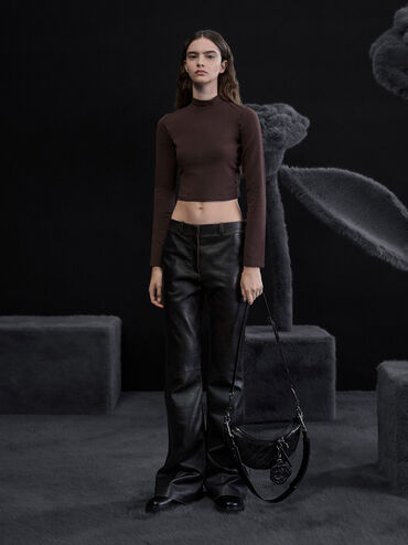 Philomena Rose-Motif Half-Moon Crossbody Bag, Noir, hi-res