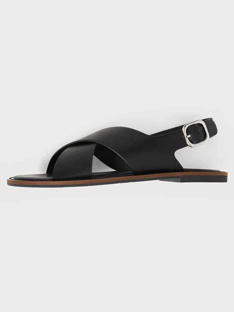 Crossover-Strap Slingback Sandals, Black, hi-res