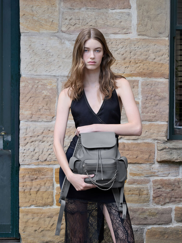 Nylon Puffy Chain-Link Backpack, Grey, hi-res
