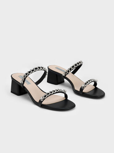 Chain-Link Block Heel Sandals, Black, hi-res