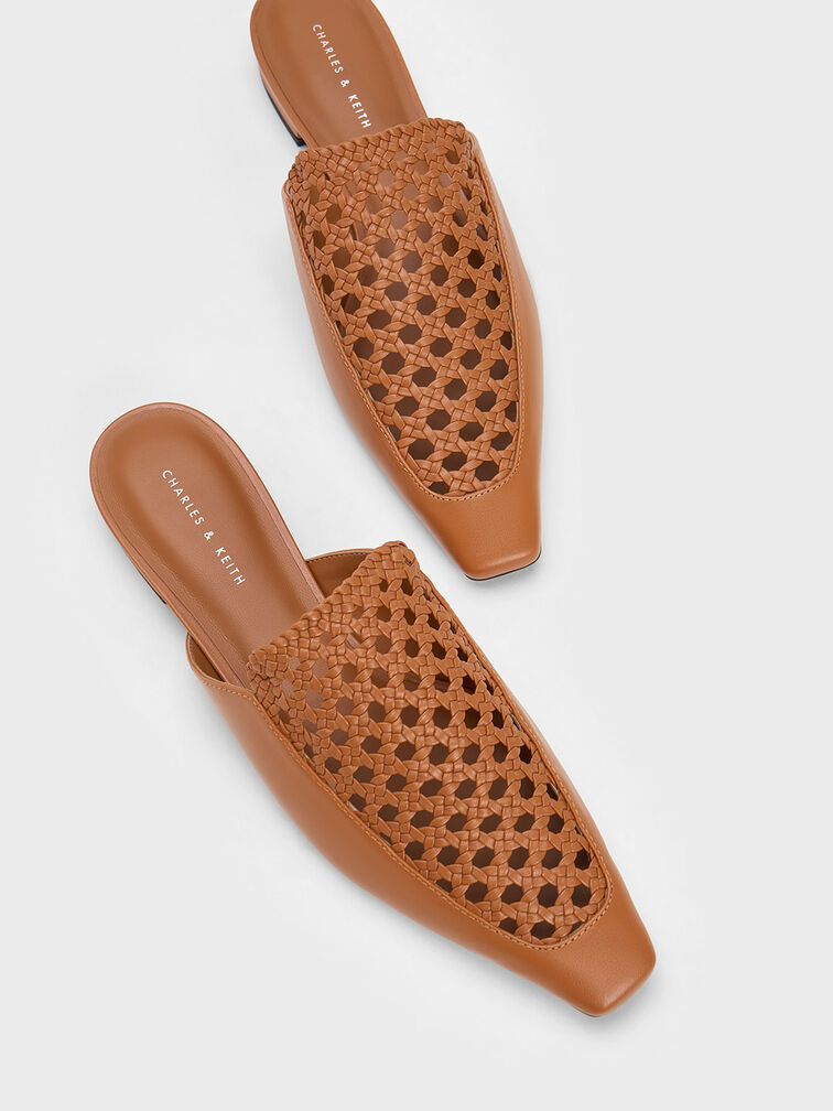 Woven Tapered Flat Mules, Cognac, hi-res
