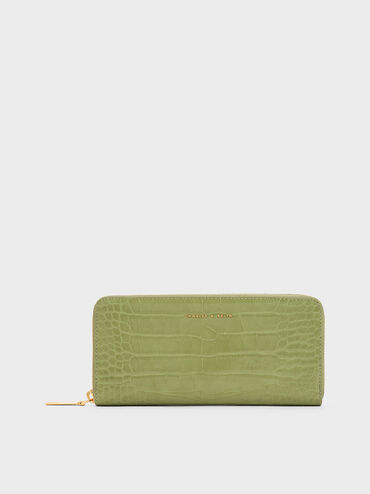 Dulcie Croc-Effect Zip-Around Long Wallet, Olive, hi-res