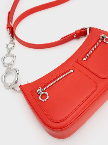 Flower-Embellished Shoulder Bag, Red, hi-res