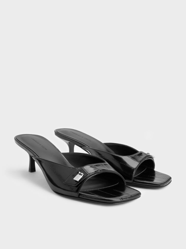 Griselda Eel-Effect Kitten-Heel Mules, Animal Print Black, hi-res