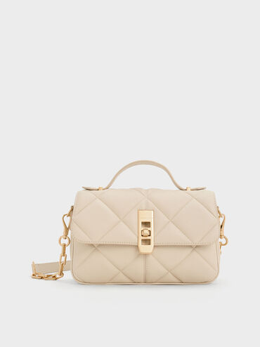 Anwen Quilted Top Handle Bag, Beige, hi-res