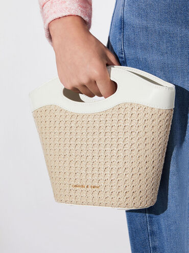 Raffia Drawstring Bucket Bag, White, hi-res