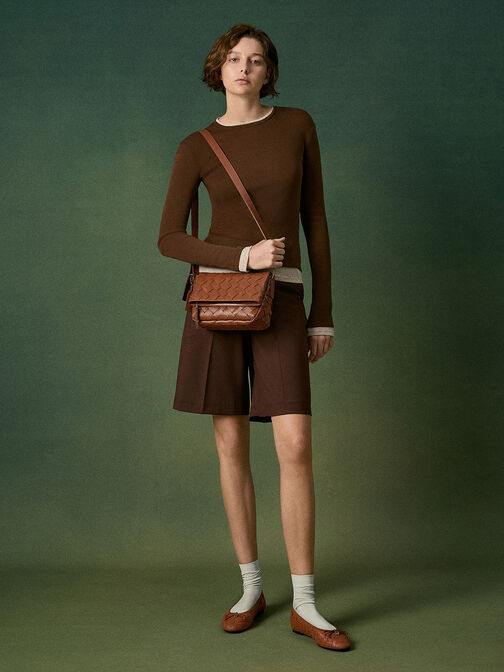 Ivette Woven Front Flap Crossbody Bag, Chocolate, hi-res