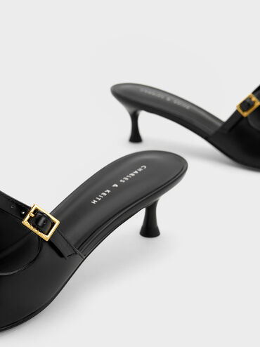 Metallic Cap Heeled Mules, Black, hi-res