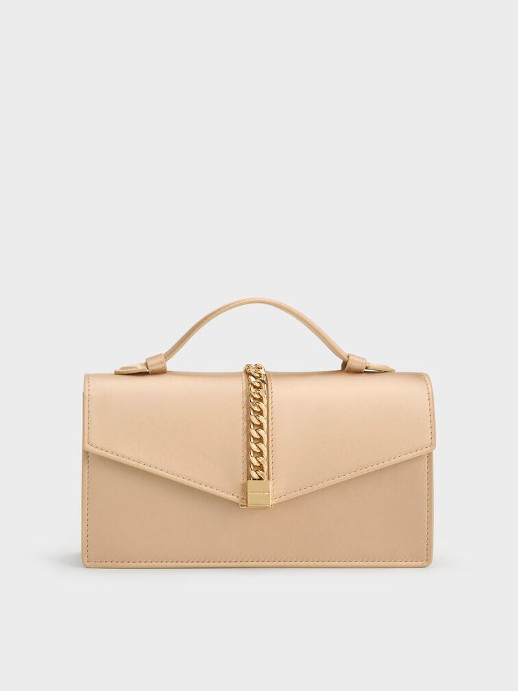 Taisia Satin Chain-Strap Envelope Bag, Champagne, hi-res