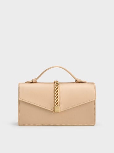 Taisia Satin Chain-Strap Envelope Bag, Champagne, hi-res