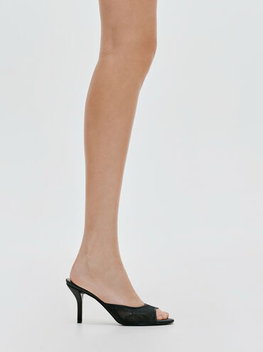 Lace Stiletto Mules, Black Textured, hi-res