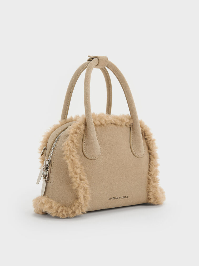 Nelly Recycled Suede & Faux Shearling Bowling Bag, Nutmeg Beige, hi-res