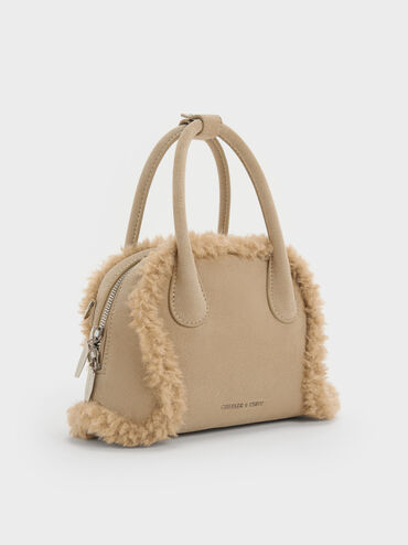 Nelly Recycled Suede & Faux Shearling Bowling Bag, Nutmeg Beige, hi-res