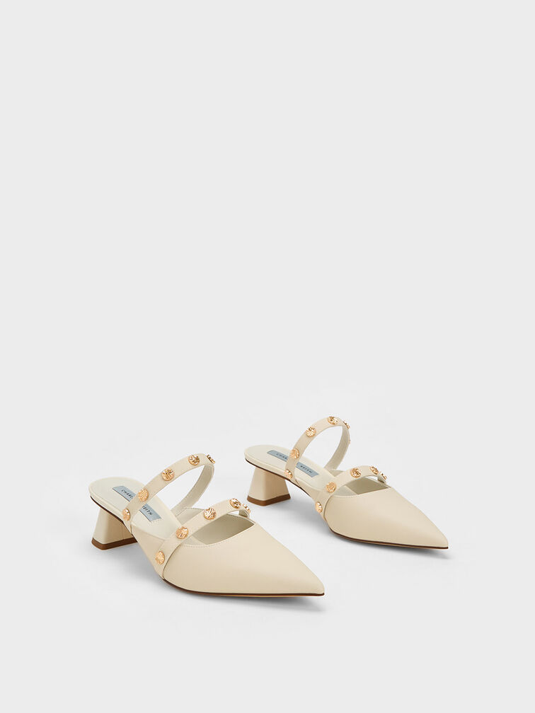 Studded Trapeze Heel Mules, Chalk, hi-res
