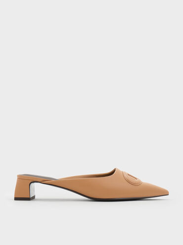 Oval Stitch-Trim Pointed-Toe Mules, Camel, hi-res