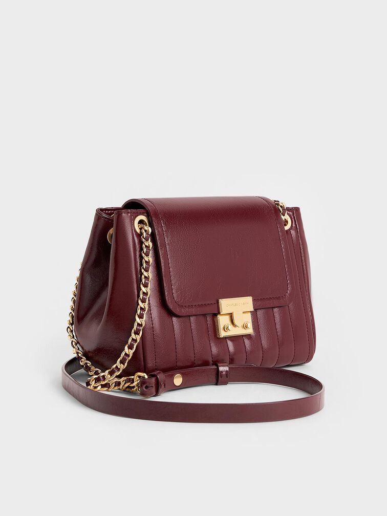 Donna Crinkle-Effect Shoulder Bag, Burgundy, hi-res