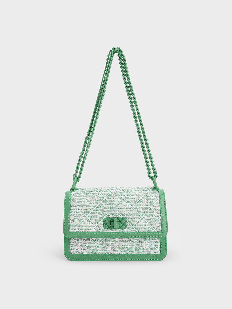 Micaela Tweed Quilted Chain Bag, Green, hi-res