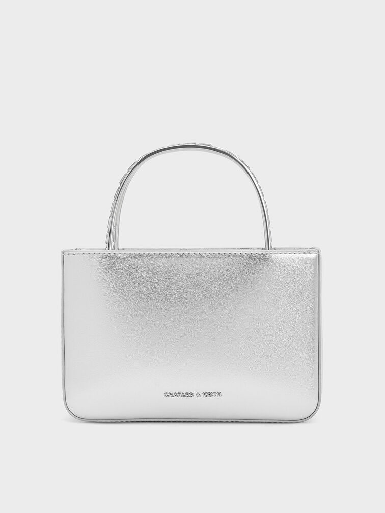 Satin Crystal-Embellished Top Handle Bag, Dusk Silver, hi-res