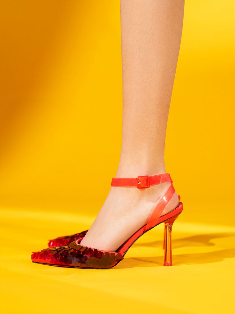 Sequinned Satin Ankle-Strap Pumps, Red, hi-res