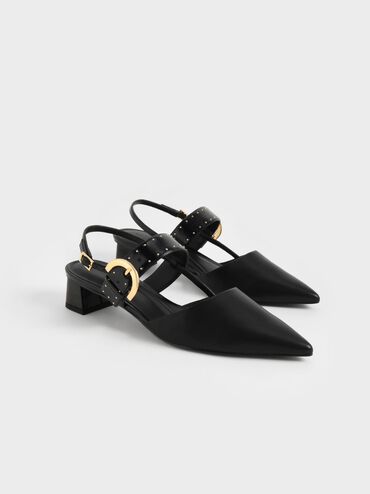Studded Buckled Slingback Pumps, Black, hi-res