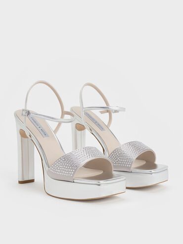 Metallic Crystal-Embellished Platform Sandals, Silver, hi-res