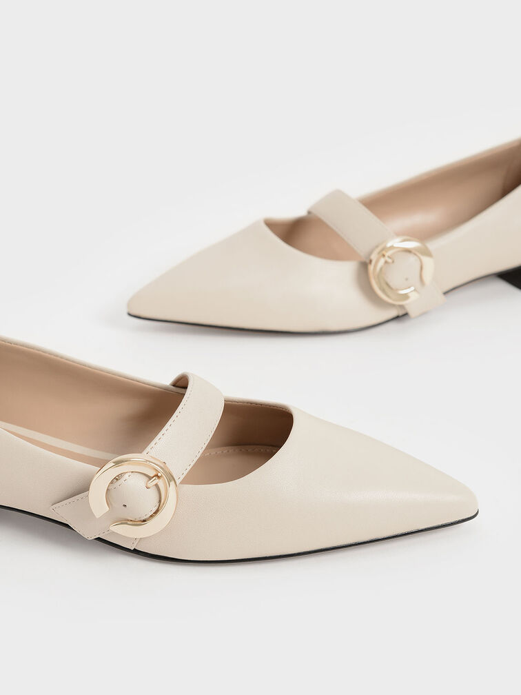 Metallic Buckle Leather Mary Janes, Chalk, hi-res