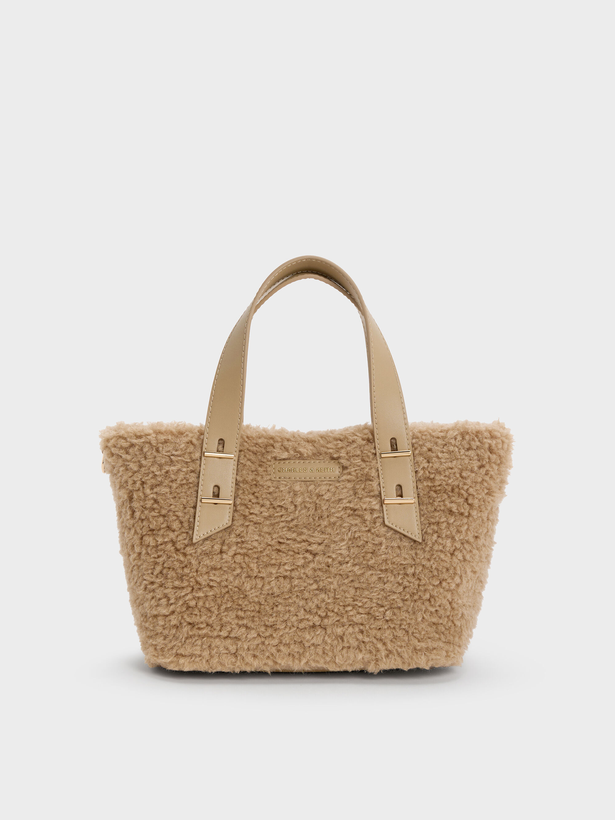 Nutmeg Beige Mini Shania Faux Shearling Double-Handle Tote Bag