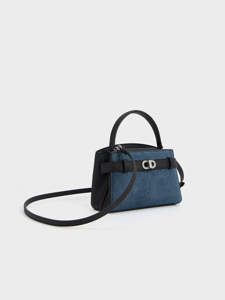 Aubrielle Denim Metallic-Buckle Top Handle Bag, Denim Blue, hi-res