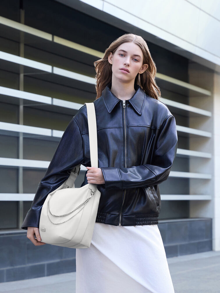 Nylon Chain-Link Slouchy Shoulder Bag, Light Grey, hi-res
