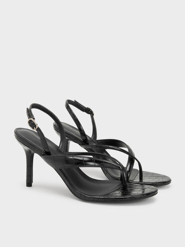 Croc-Effect Stiletto Thong Sandals, Animal Print Black, hi-res