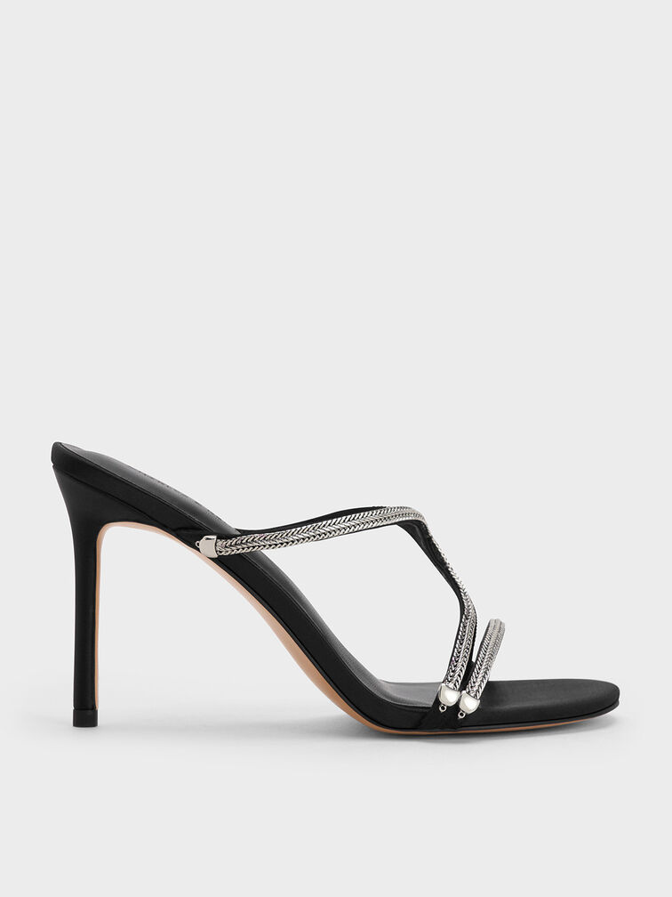 Satin Braided Strappy Heeled Mules, Black Textured, hi-res