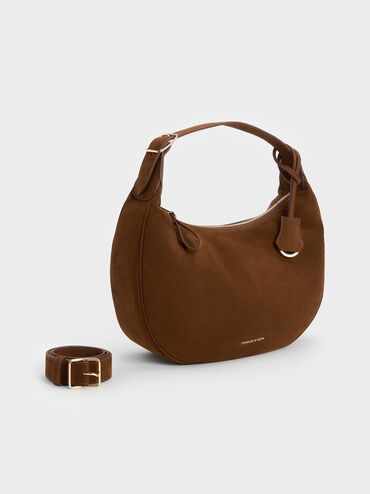 Large Vega Faux Suede Hobo Bag, Pecan Brown, hi-res