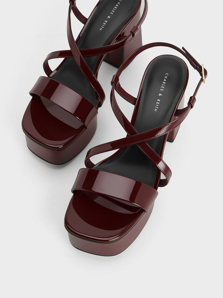 Patent Crossover Strap Platform Sandals, Burgundy, hi-res